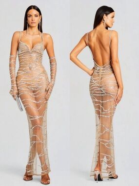 Retrofete Citrine Sheer Nude Beaded Evening Gown Size Large NEW! With tags!